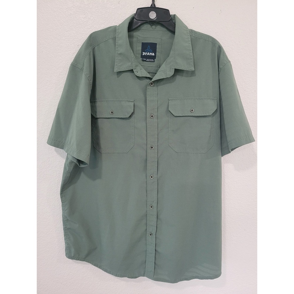 Prana Mens XL Green Short Sleeve Snap Front Grid Ripstop Hiking Shirt Sage #14